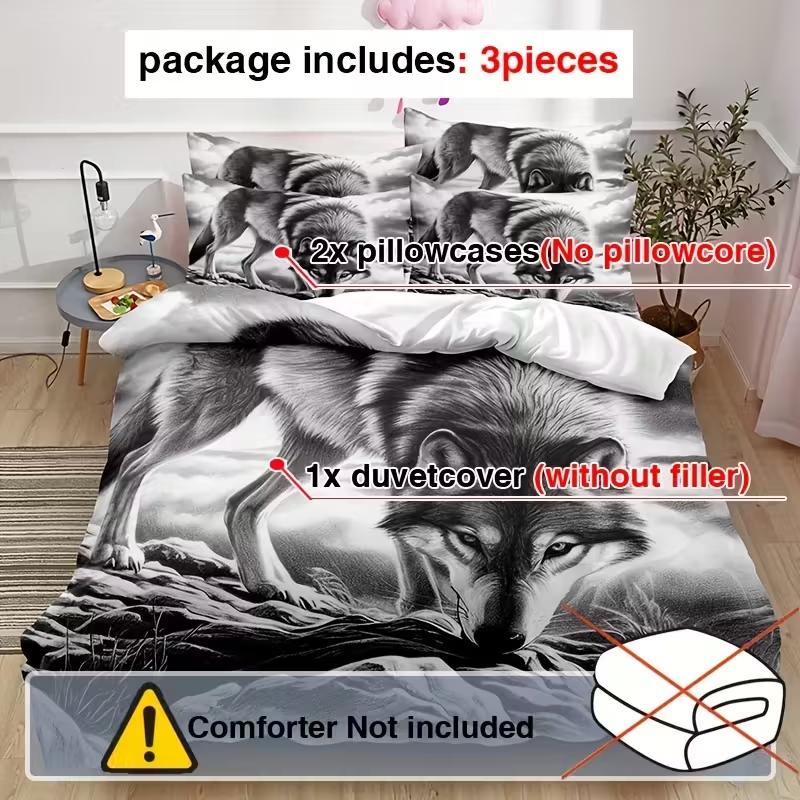 3Pcs Wolf Duvet Cover Set Wild Animal Themed Quilt Cover With Pillowcase Bedding Set For Bedroom Room Home Decor