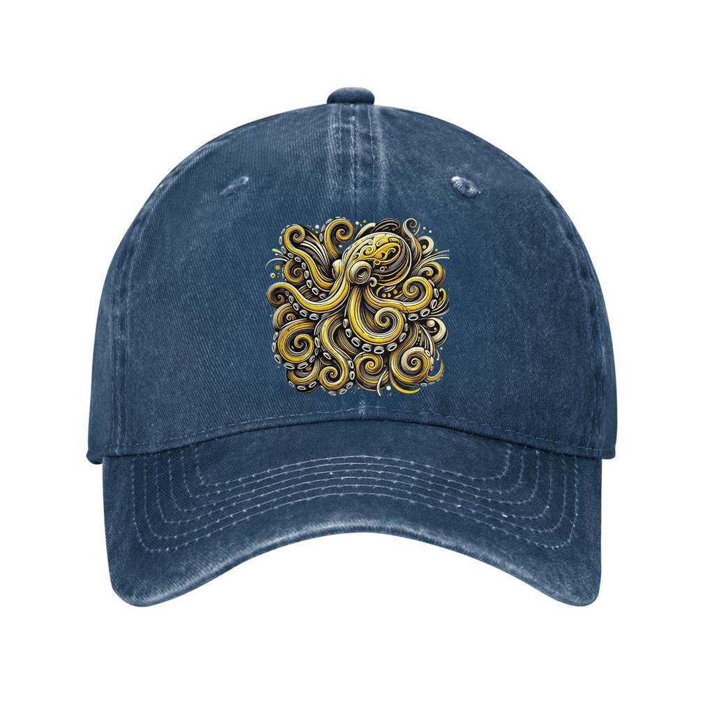 Golden Octopus Graphic Baseball Cap Adjustable Washed Denim Outdoor Sun Protection Dad Hat
