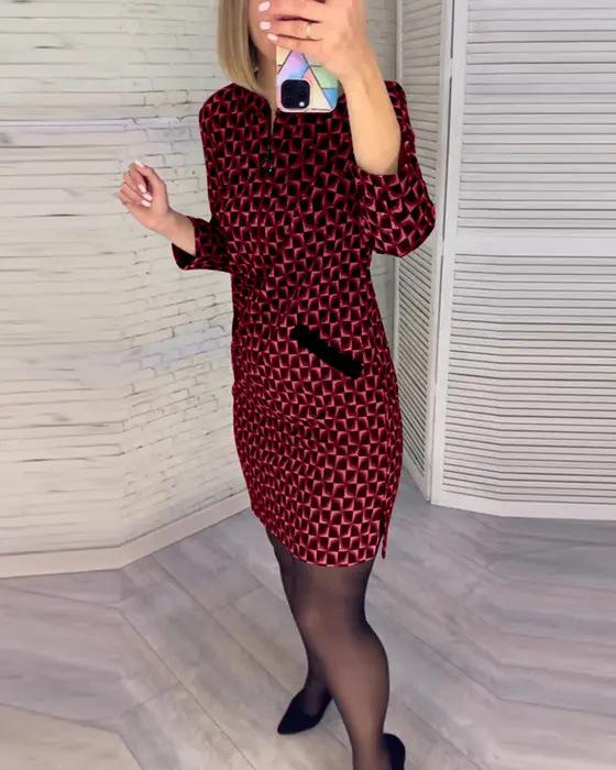 2023 Slimming Printed Round Neck Dress - European & American Style Women's Hip Wrap Skirt