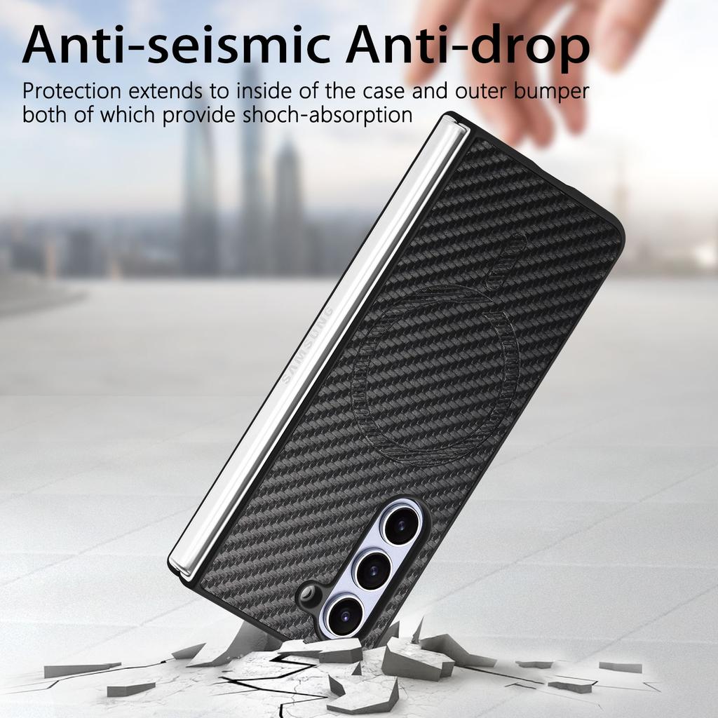 For Samsung Galaxy Z Fold6 5G Magnetic Case Carbon Fiber Texture Leather+PC Cover with Screen Film