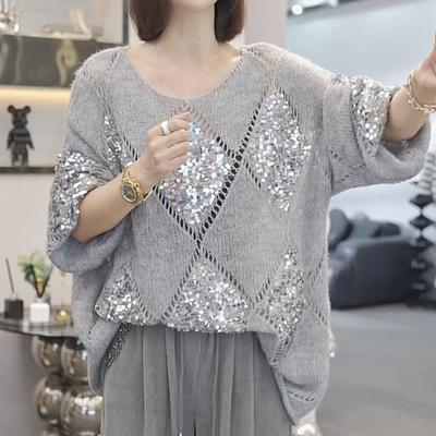 Spring and Autumn Light Luxury Sequins Diamond Grid Hollowed Out Knit Sweater Tops Women Lazy Wind Loose Sweater Coat