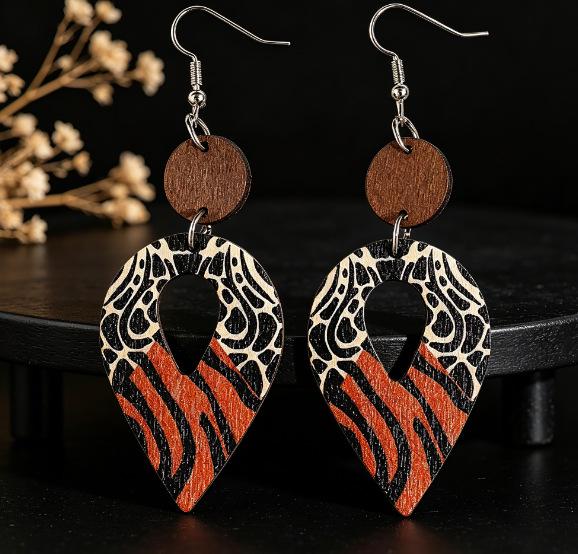 New Water Drop Leopard Print Patchwork Wood Earrings