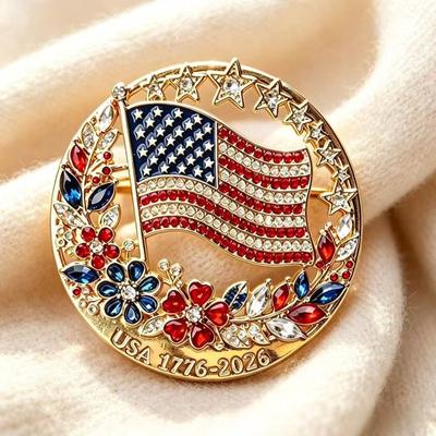 For Independence Day Commemorative Brooch with Diamonds Flag Flower Pin Week Badge