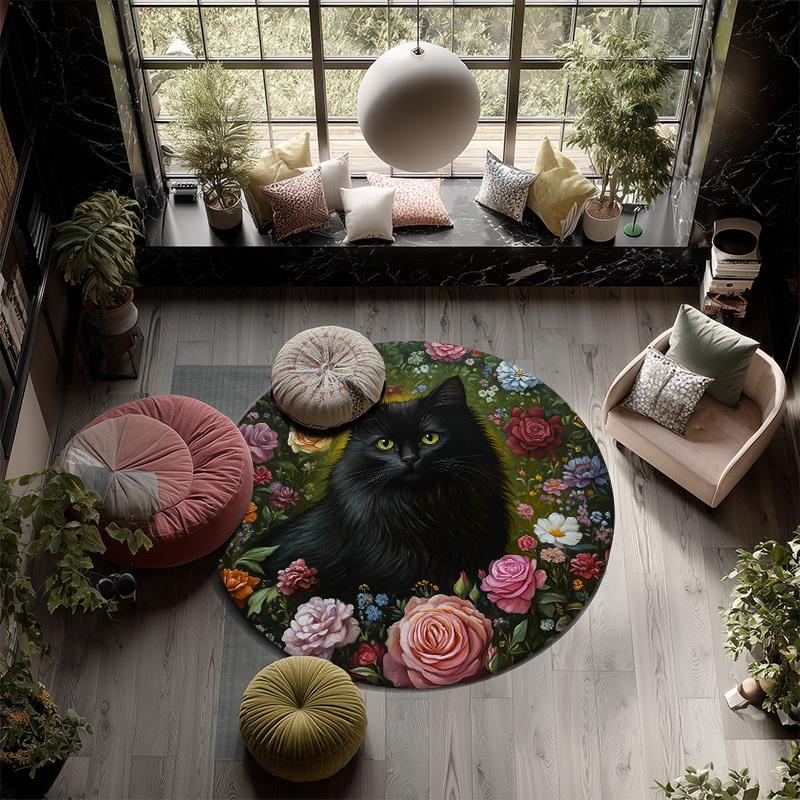 Floral Cat and Dog  Round Area Rug,Carpet Rug for Living Room Bedroom Sofa Playroom Decor,Non-slip Floor Mat