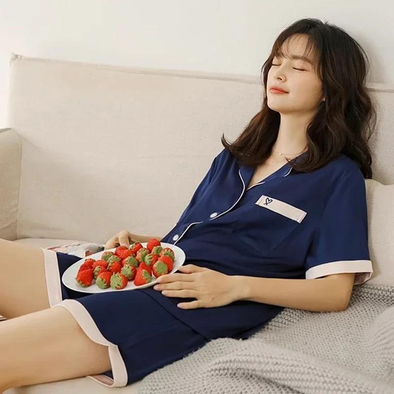 Simple Pink Heart Embroidery Women Pajamas Korean Harajuku Solid Home Nightgow New Summer Sweet 2pc Lady Sleepwear