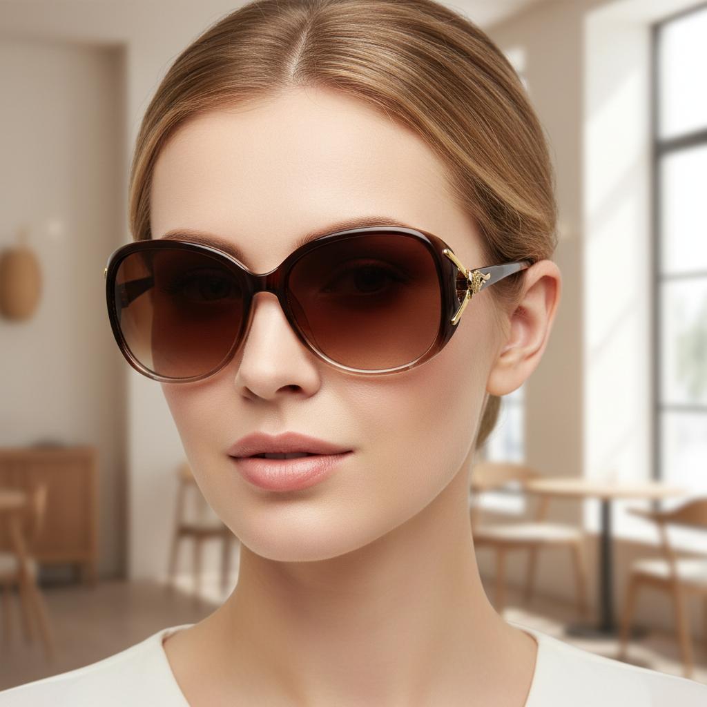 Women's Fashionable Oversized Sunglasses with Gradient Brown Lenses and Gold Accent