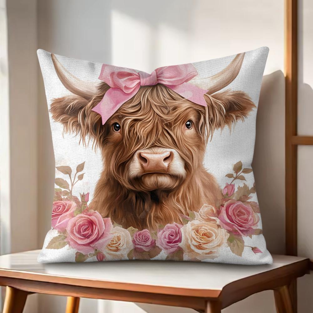 Highland cow  flower Cushion Cover Natural Linen Organic Fabric DoubleSided Printing Couch Pillow Covers Home Decor Gift
