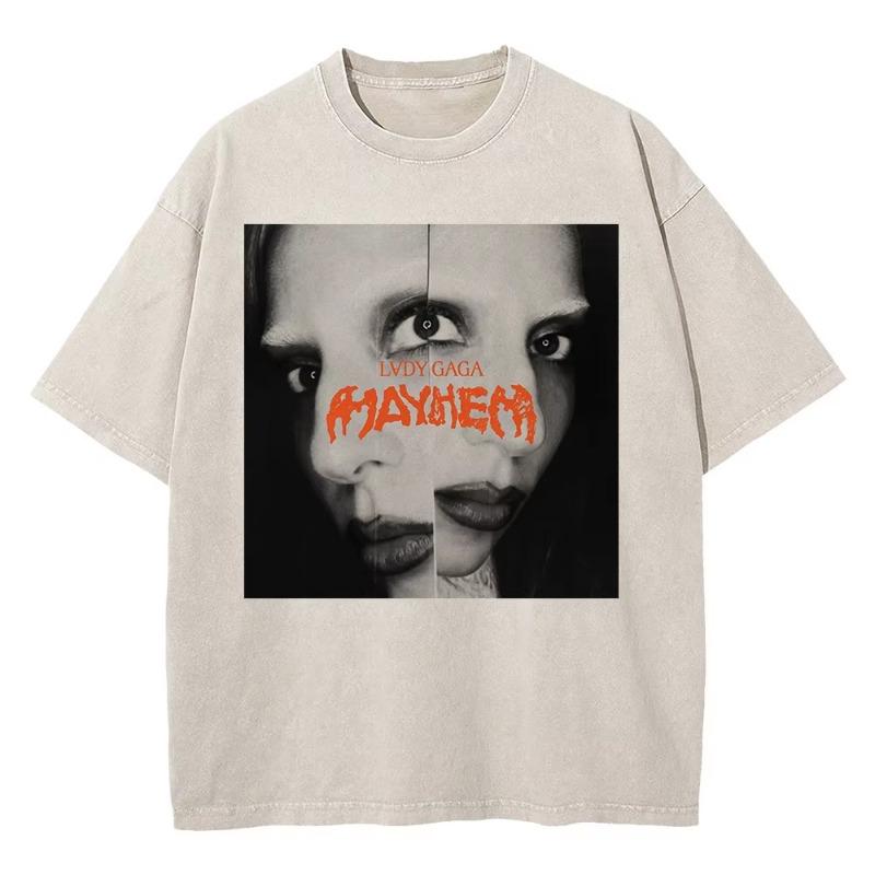 Vintage Washed Lady Gaga The Mayhem Ball Tour 2025 T Shirt Fashion Women Aesthetic High Quality Acid Wash 100% Cotton Tees