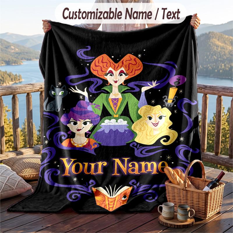 Custom Text Flannel Throw Blanket, Lightweight Cozy Bed Sofa BlanketHocus Pocus Sanderson Sisters