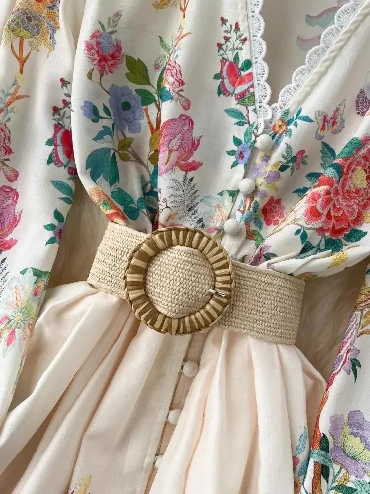 New Autumn Floral Holiday Maxi Dress Women Sexy Long Lantern Sleeve Sashes Lace Party Dress Female Elegant Trims Embroidery Robe