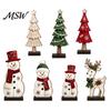 Festive Countertop Display Sets 7Pcs Christmas Wooden Tabletop Ornaments, Snowman Tree Reindeer Tiered Tray Decorative Figures Decor for Mantel,