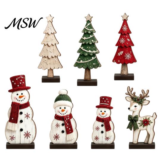 Festive Countertop Display Sets 7Pcs Christmas Wooden Tabletop Ornaments, Snowman Tree Reindeer Tiered Tray Decorative Figures Decor for Mantel,