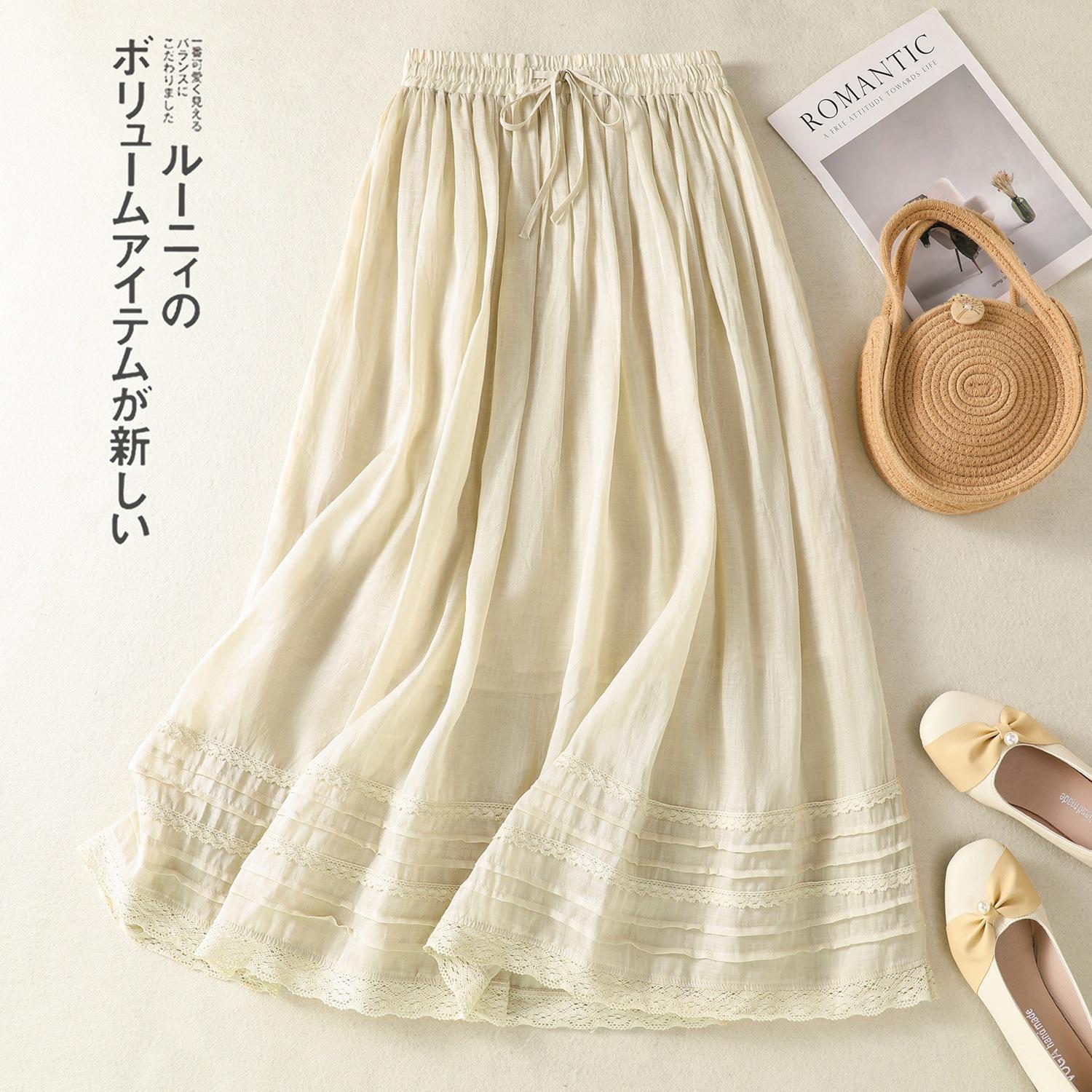 

2025 летняя новая юбка большого размера из хлопка и льна, однотонная, с эластичной резинкой на талии, средней и длинной длины, женская юбка с кружевным подолом XL абрикосовый