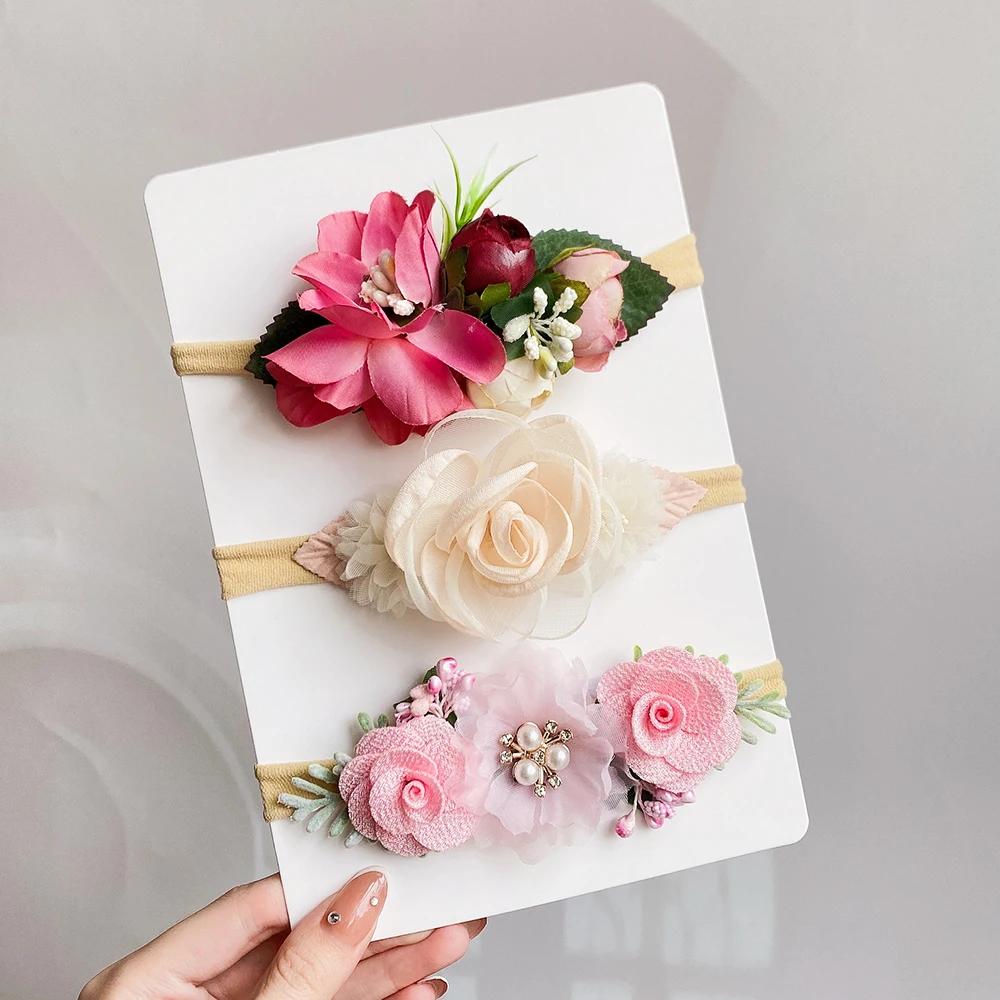 3/4Pcs Artificial Flower Headband for Kids Baby Girls Hair Band Set Floral Newborn Toddler Elastic Nylon Headwear Accessories