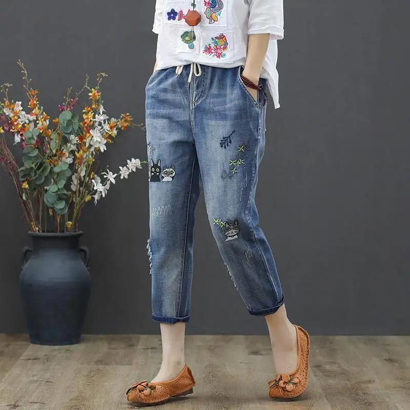 Embroidery Ankle-Length Baggy Jeans Elastic High Waist Capris Lace Up Harem Denim Pants Women  Oversized Pantalon