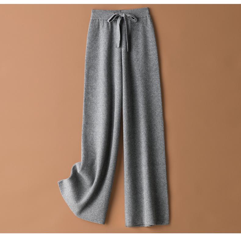 

White Knit High-Waist Wide-Leg Pants - Women s Autumn/Winter Thick Loose Floor-Length Elastic Trousers One Size (85-125 kg) темно-серого