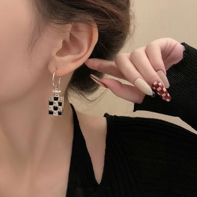 Temperament Square Checkerboard Rhinestone Earrings Women, Design Sense Small Fragrant Style Earrings Internet Celebrity Earrings