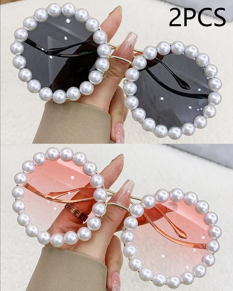 Pearl Round Framed Sunglasses Ins Stylish Wavy Leg Gradient Sunglasses UV400