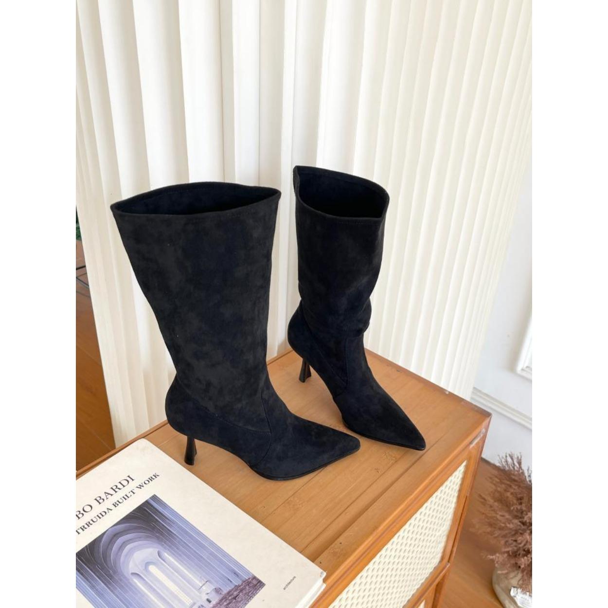 

Универсальные короткие ворсовые сапоги на тонком каблуке, высокие каблуки, ковбойские сапоги в стиле вестерн, короткие сапоги, женские абрикосовые узкие сапоги средней высоты 35 чёрный