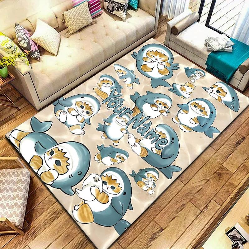 Penguin Cats Adventure Custom Name Carpet Rug For Living Room Bedroom Home Sofa Decoration Kids Play Nonslip Floor Mat