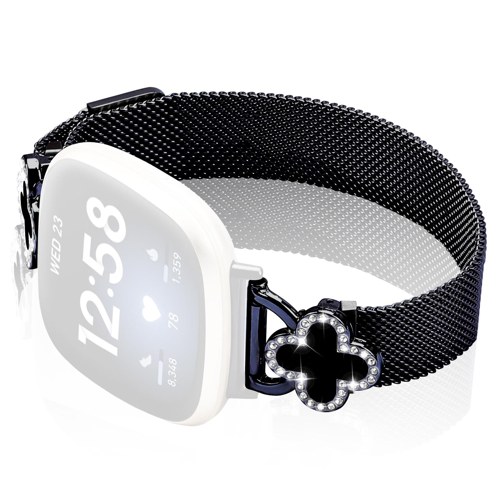 

For Fitbit Versa 3/Sense Milanese Band Electroplated Stainless Steel Watch Strap with Clover Connector,Size: L Black