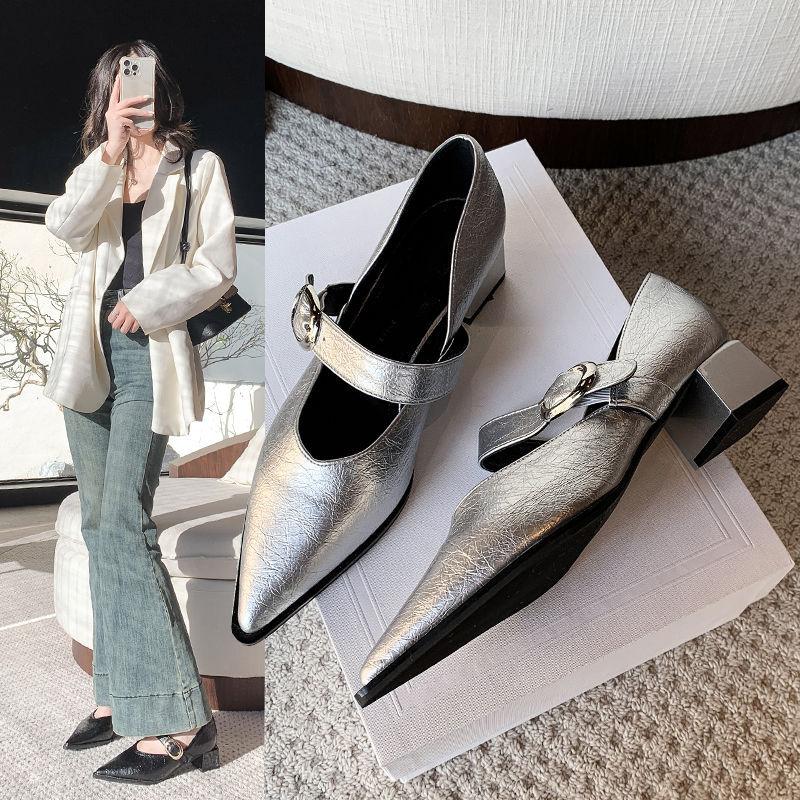 Pointed French single shoes retro temperament word Mary 2025 new silver thick heel middle heel shoes spring and autumn wear