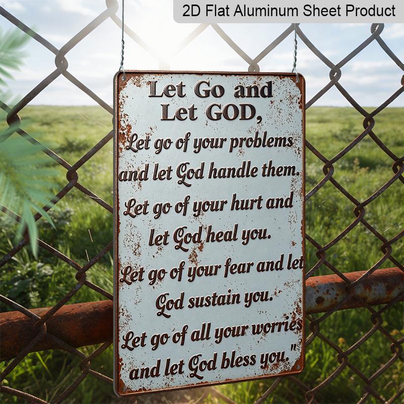 2D Flat - Vintage Metal Wall Sign - "Trust and Let Go To God" Inspirational Quote, Weatherproof & Pre-Drilled for Easy Hanging, Perfect for Home