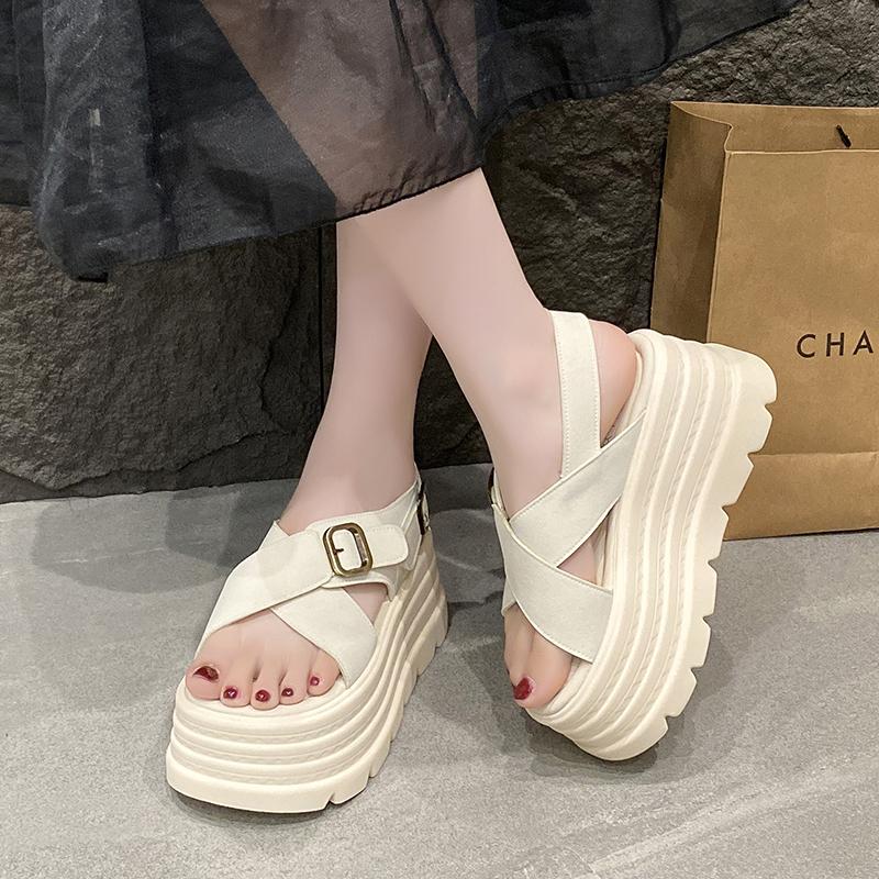 Fashion Summer Women Canvas Thick Sole Sandals New 2024 Peep Toe Flip-Flops 8CM High Platform Sandal Buckle Shoes Woman Zapatillas Mujer