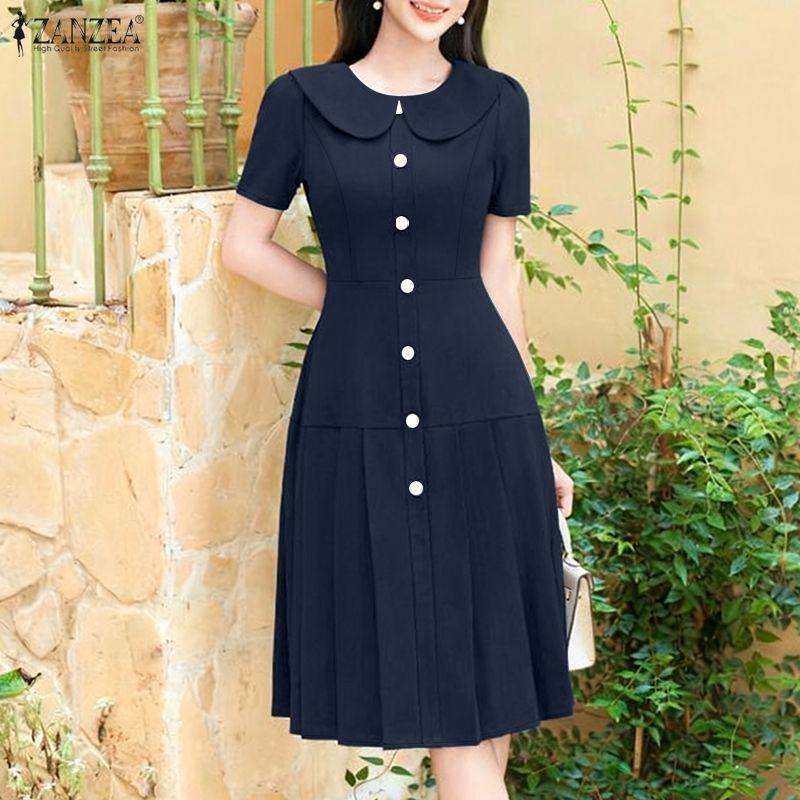 ZANZEA Women Summer Doll Collar Short Sleeve Casual Dress