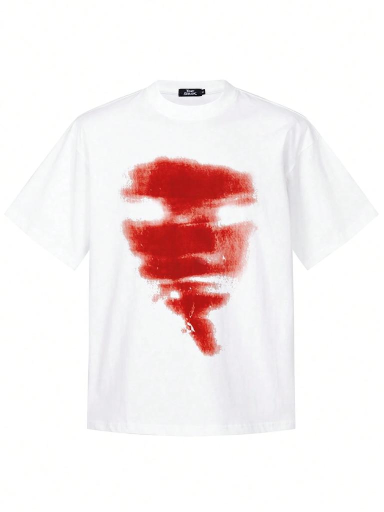 Unisex Red Minimalist Graphic Tee Faded Abstract Face Watercolor Print Loose Fit Cotton Top For Daily Urban Style
