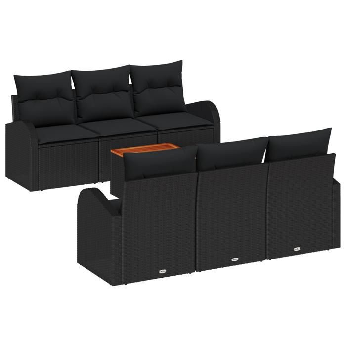 Ensemble de canapé de jardin 7 pièces avec coussins en rattan poly noir acacia, Canapé de jardin 2 places avec rangement 3356196