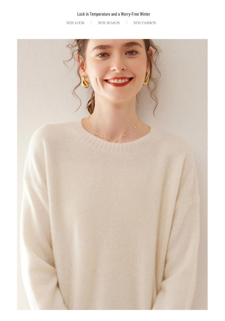 Women's Plus Size Loose Fit Cashmere Sweater - Warm Mid-Length, Round Neck, Drop Shoulder, Solid Color Knitwear for Autumn and Winter