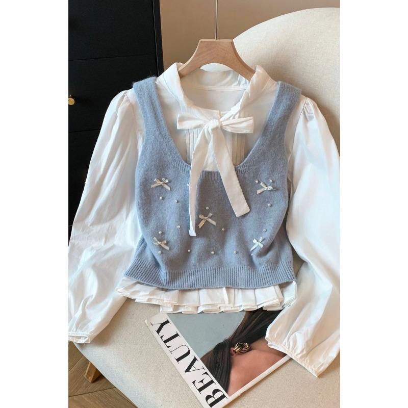 

Beaded Bow Pullover Round Neck Chiffon Shirt College Style Strappy Long Sleeve Knitted Suspender Two-piece Set M синій