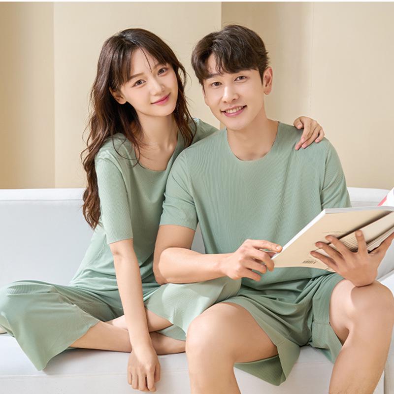 Ice Silk Couples Summer Pajama Set - Quick-Dry Women's and Men's Short Sleeve and Shorts Homewear