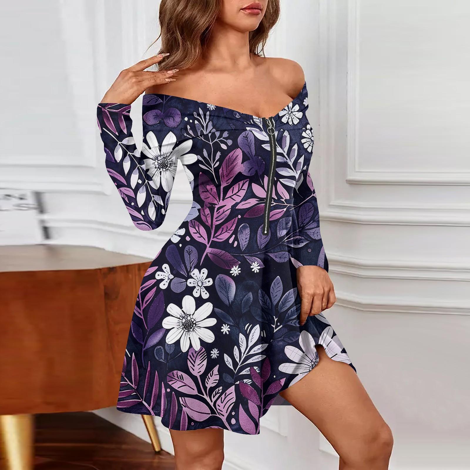 

Женские повседневные модные сексуальные платья с открытыми плечами и длинным рукавом с принтом на молнии M фиолетовый