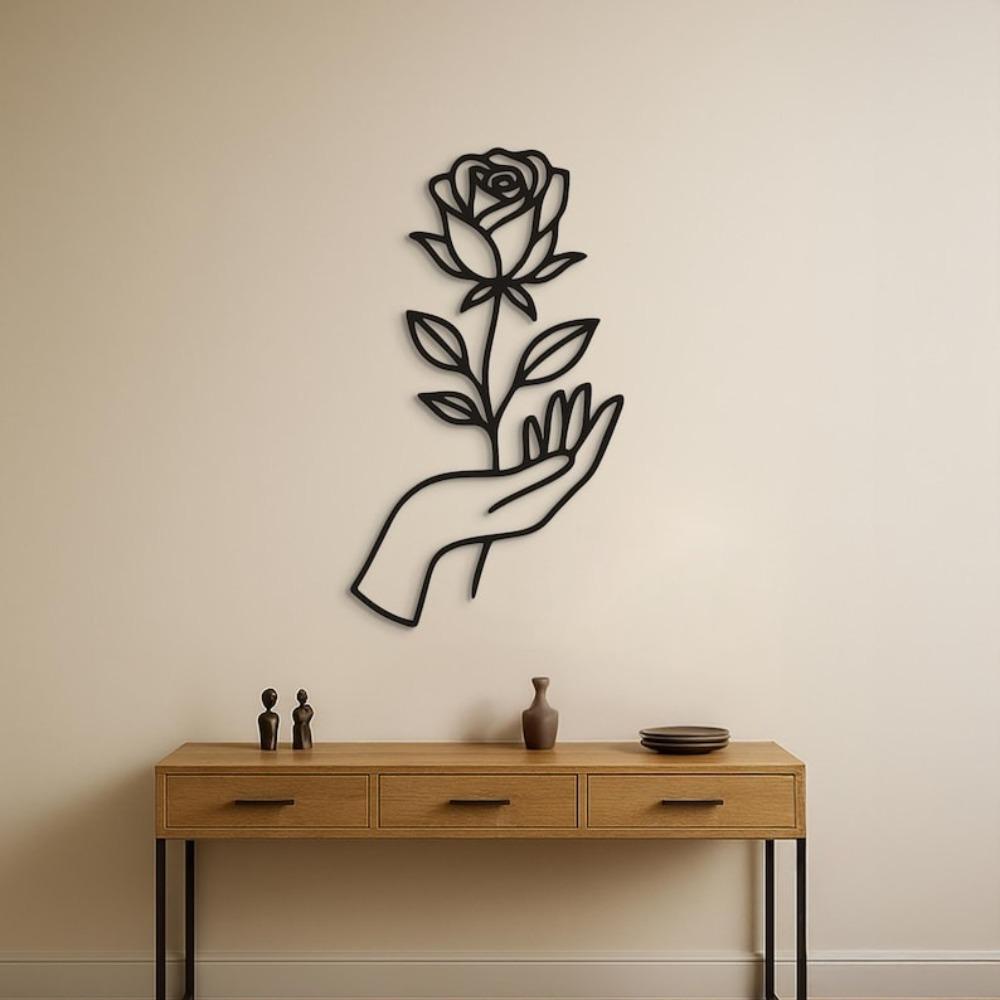 Black Rose Metal Wall Art, Modern Flower Line Sculpture, Minimalist Hand Decor, Unique Iron Craft Gift for Living Room