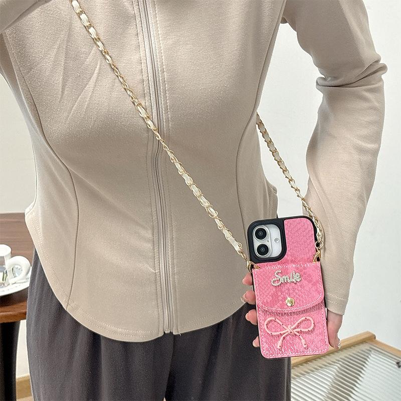 For Apple 16plus Crossbody Coin Purse Mobile Phone Case for IPhone17 Bow Tie Snakeskin Pattern Card Holder 14 Imitation Leather 15
