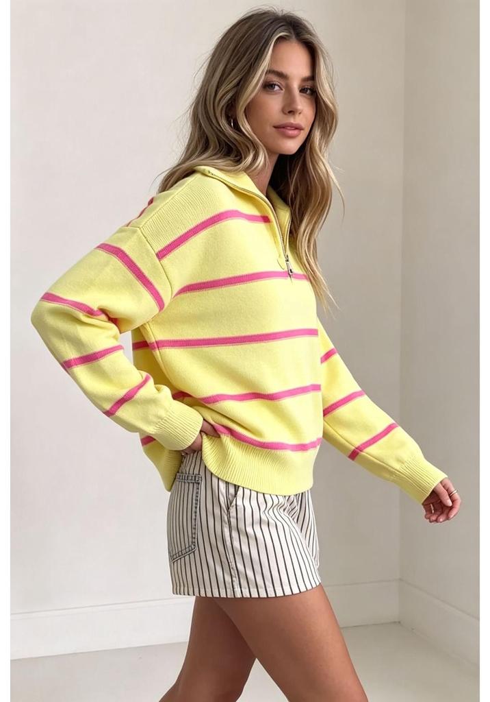 2026 Fall/Winter Women's Striped Zipper Sweater - Loose European and American Fashion Knit Pullover