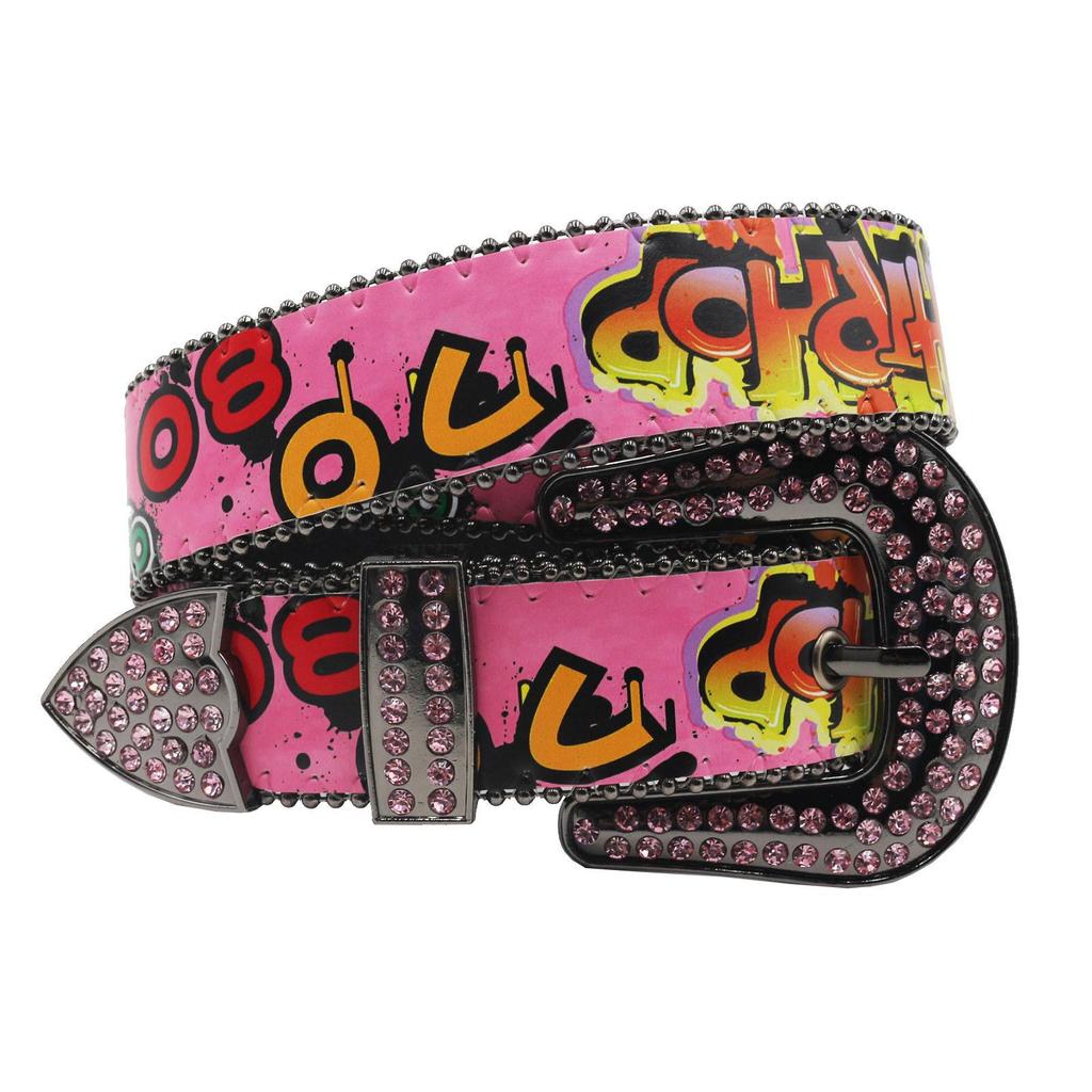 Bohemian Graffiti Rhinestone Leather Belt - Casual & Versatile European-American Style