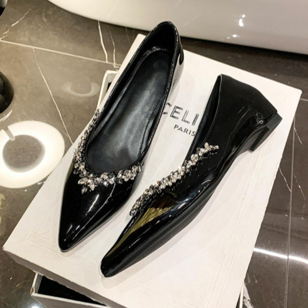 Rhinestone Ladies Pointed Toe Flat Soft Sole French Style Heightened Shallow Mouth Elegant Single Shoes