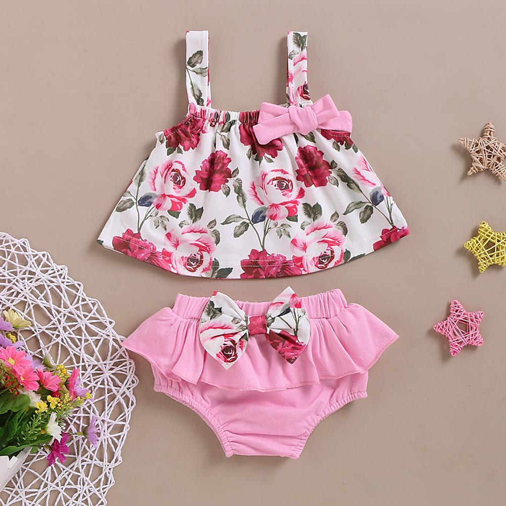 Summer Baby Kids Girls Comfortable Flowers Pattern Strap Top And Shorts Clothing Set