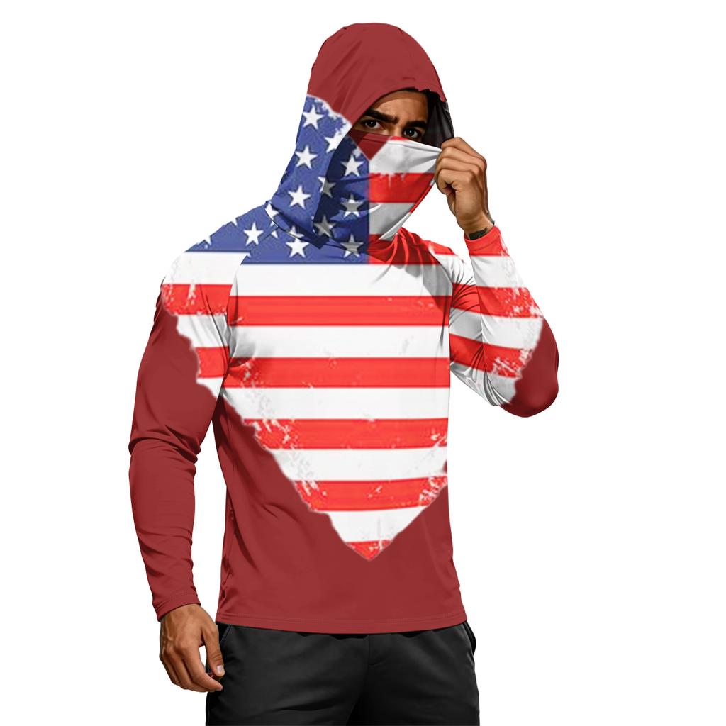 Men's Long Sleeve Lightweight Hoodie with Drawstring Hood and Face Covering Flag Print Casual Pullover Top