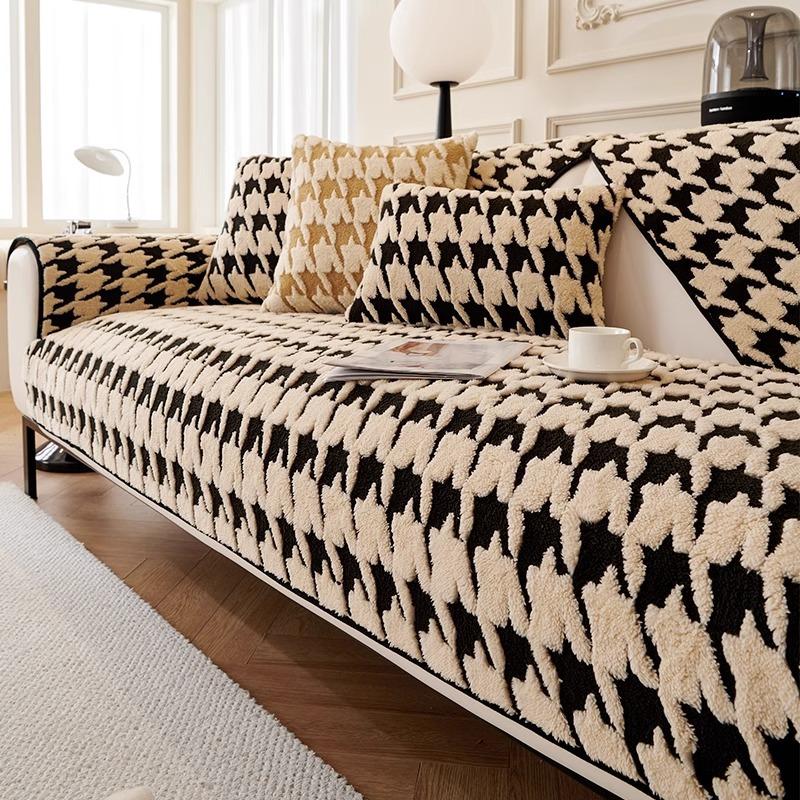 Plush Sofa Cushion  New Thousand Bird Grid Non-Slip Seat Cushion Light Luxury High Sense Three Seats One Princess Sofa Cover