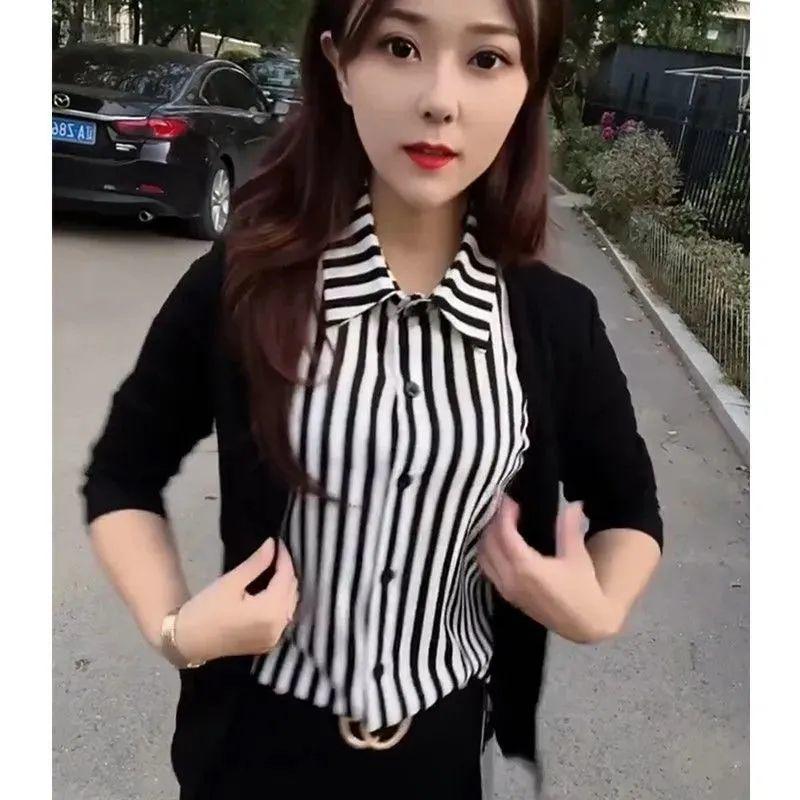 Women s Chic Patchwork Polo Collar T-shirt - Trendy Versatile Fashion for Spring/Autumn 2025 L