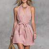 Women's Sleeveless V-Neck Belted Waist Solid Color Dress