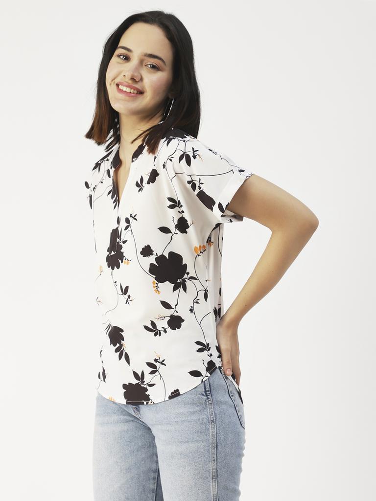 Moomaya Printed V-Neck Long Tops For Women, Short Sleeve Regular Fit Shirt