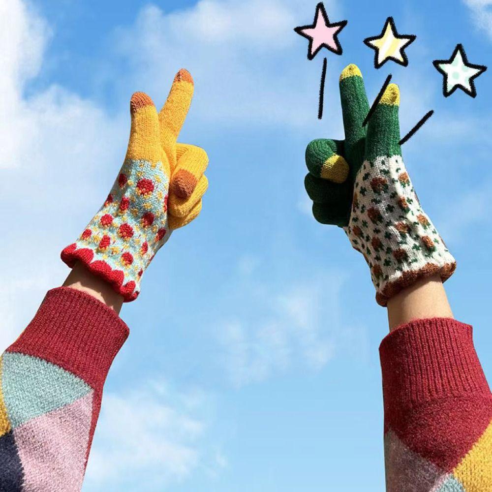 Thickened Winter Knitted Gloves Knitted Full Finger Mittens Durable Skiing Gloves Winter