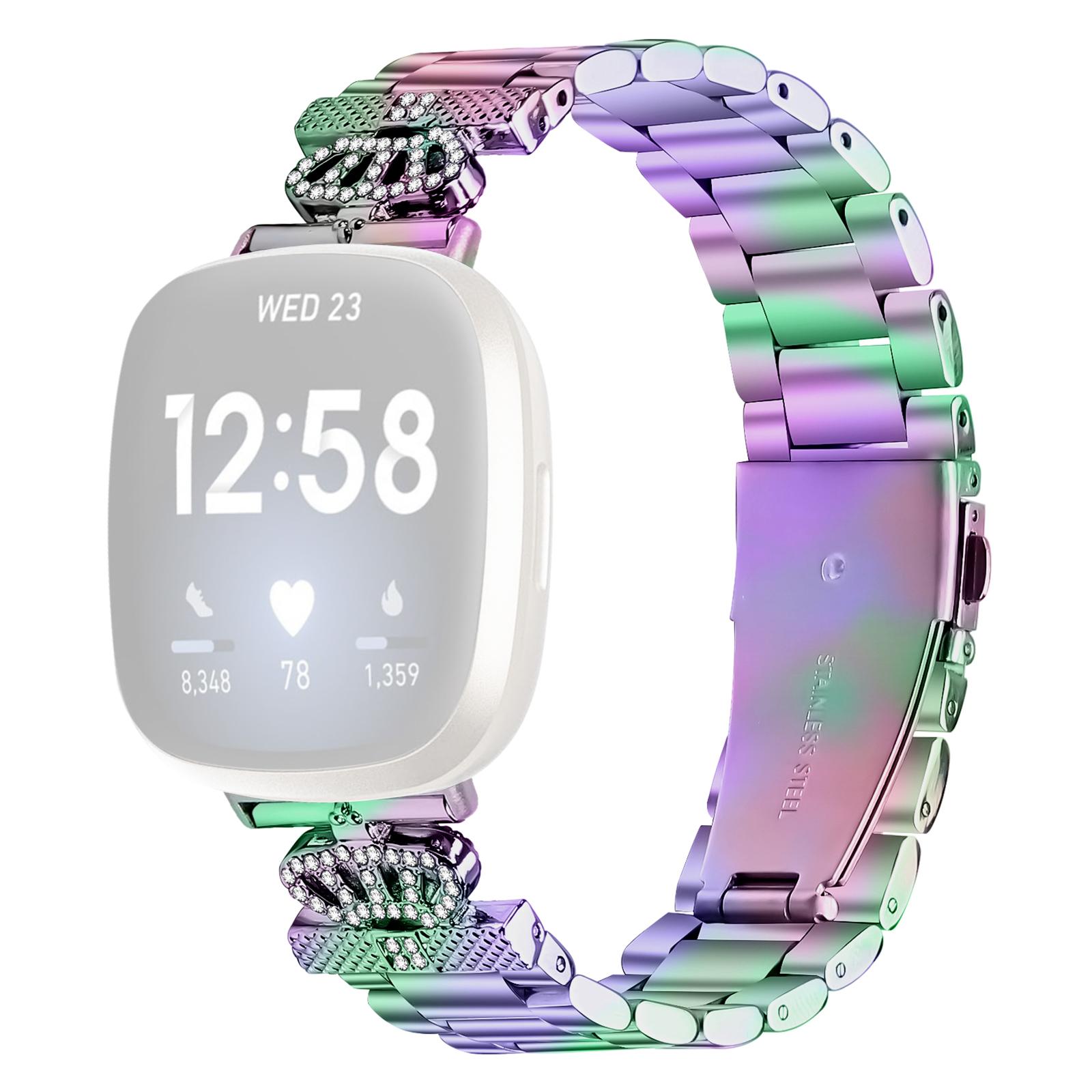 

Stainless Steel Strap for Fitbit Versa 4/Sense 2 Crown Shape Rhinestone Decor Watch Band Colorful