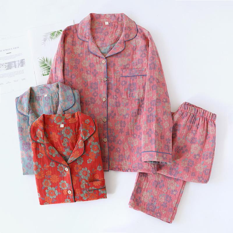 Women's Retro Jacquard Cotton Pajama Set – Spring/Autumn Long Sleeve Casual Homewear