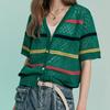 Color Stripe Punching Short Sleeve Cardigan Ze06qd500na
